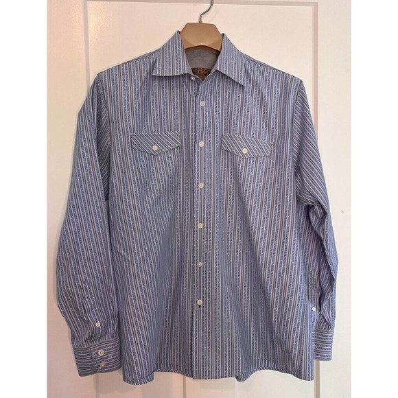 BLUE Pronto Uomo Mens Button Up Shirt Striped Long Sleeve Spread‎ Collar L - Picture 1 of 8